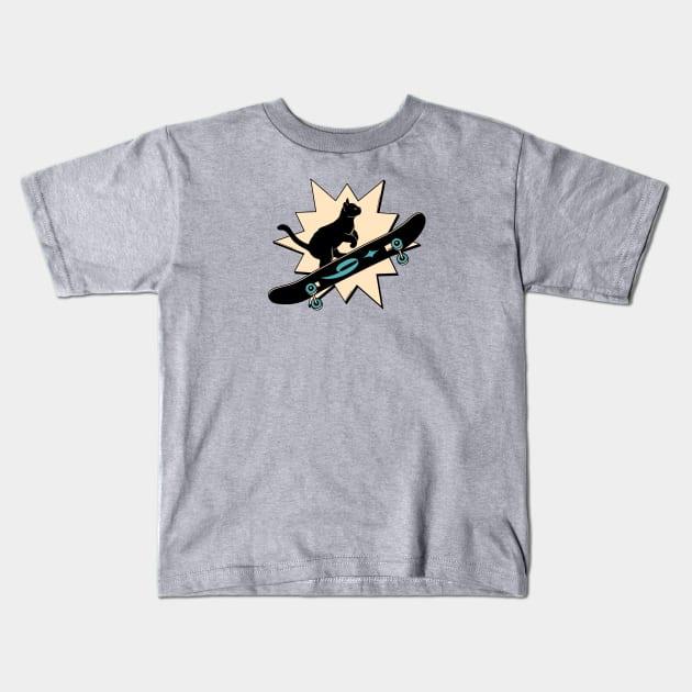 Cool Skater Black Cat in yellow Kids T-Shirt by The Charcoal Cat Co.